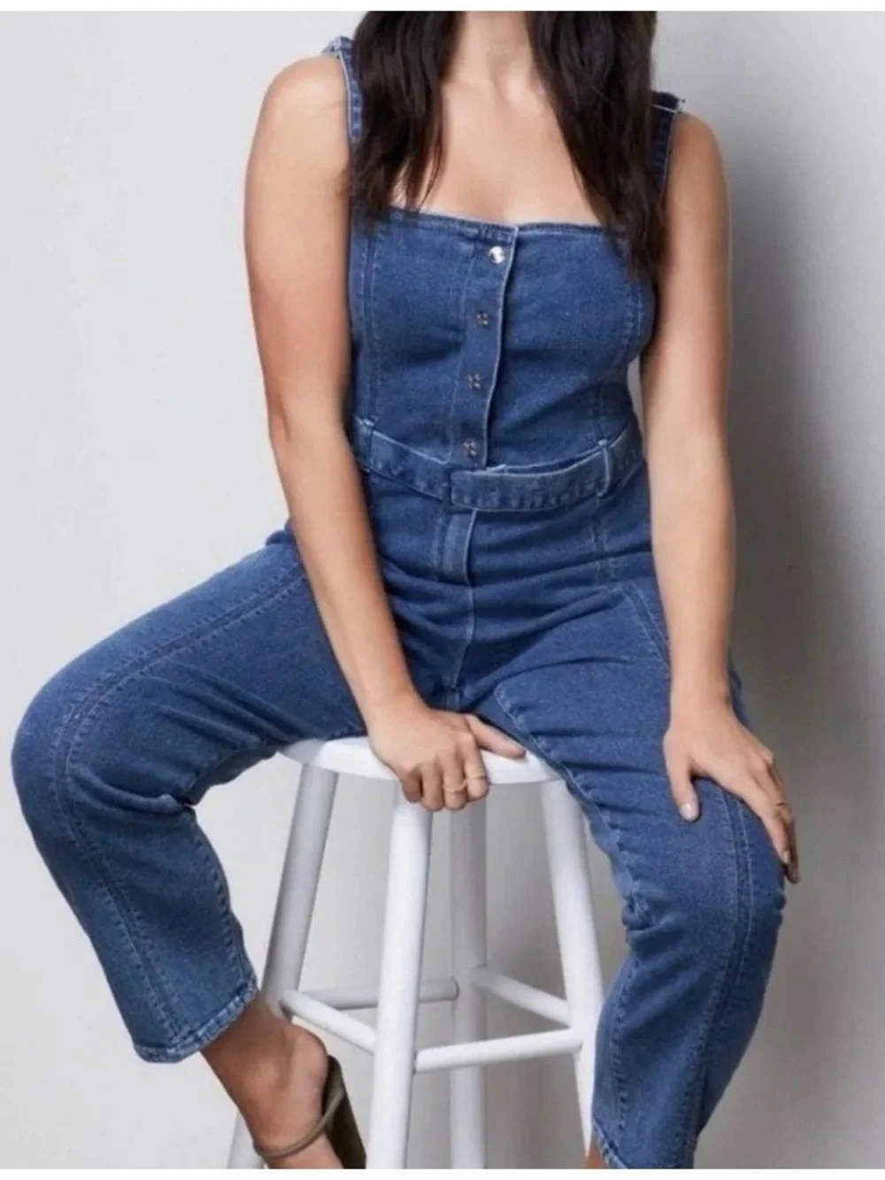 Good American Fitted Corset Jumpsuit GJSB941 Blue Denim Belted Size 1